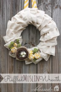 muslin spring wreath with birds nest