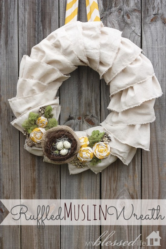 muslin spring wreath with birds nest