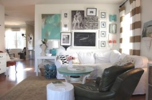 neutral family room with pops of aqua